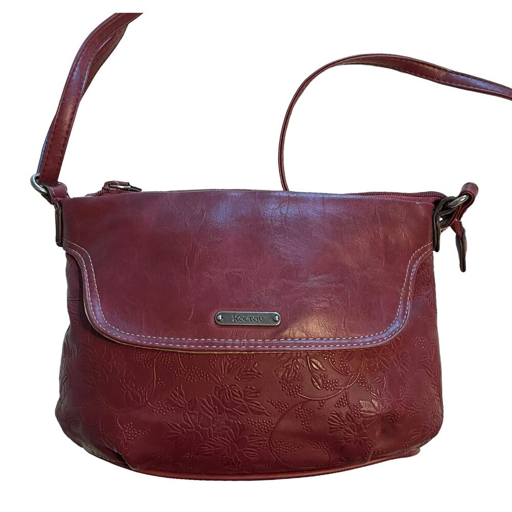 Koltov Faux Leather Crossbody Bag Womens Burgundy Red Floral Embossed Purse